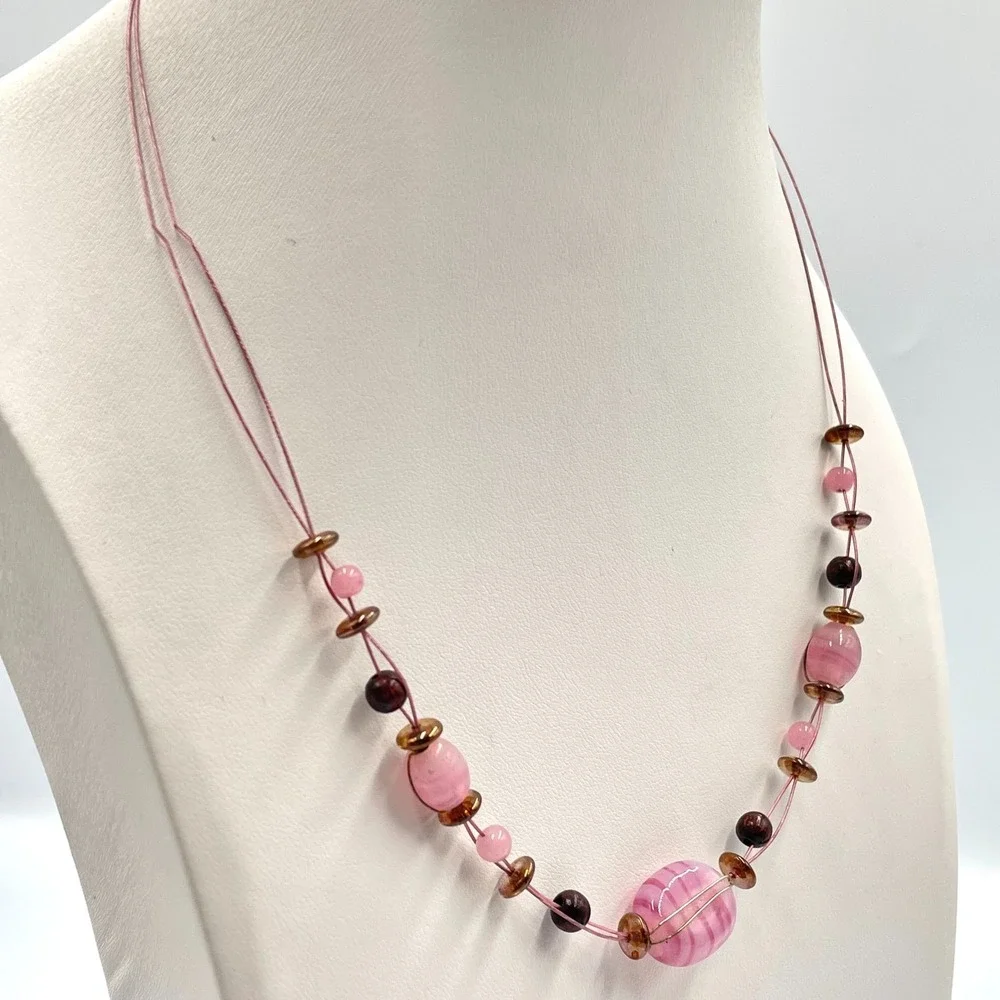 Vintage Y2K Pink Glass Illusion Necklace Floating Beaded Cord Mixed Stone Boho